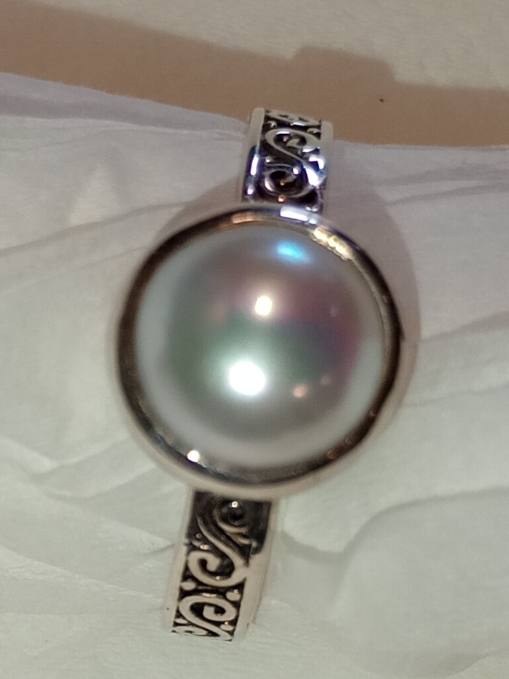 Pearl Sterling Silver Scroll Band Pearl Ring Bezel Set By Janice Girardi - Picture 7 of 16